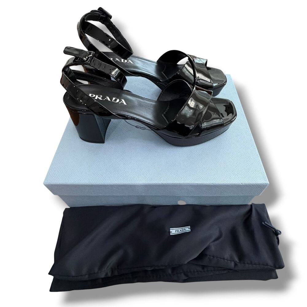 Prada Vernice Black Patent Leather Logo Platform Sandals EU39.5 US9.5